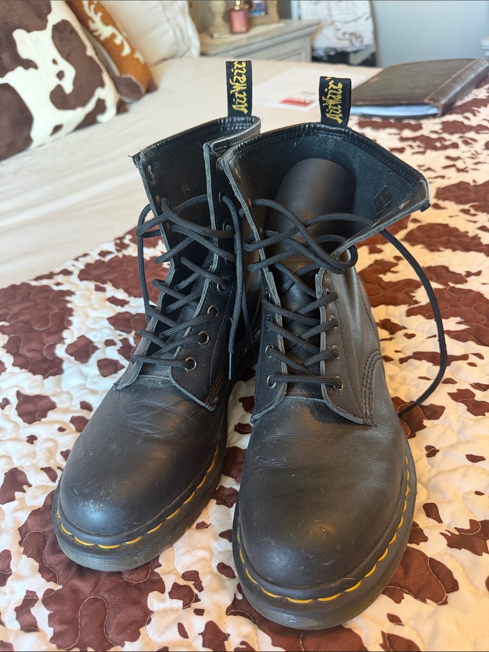 Women’s Dr. Martens Black Leather Lace-Up Boots with Yellow Stitching